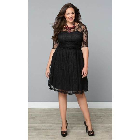 Kiyonna Womens Dress Black Lace Luna Style Party Cocktail Illusion Yoke 1X LBD - Picture 8 of 12